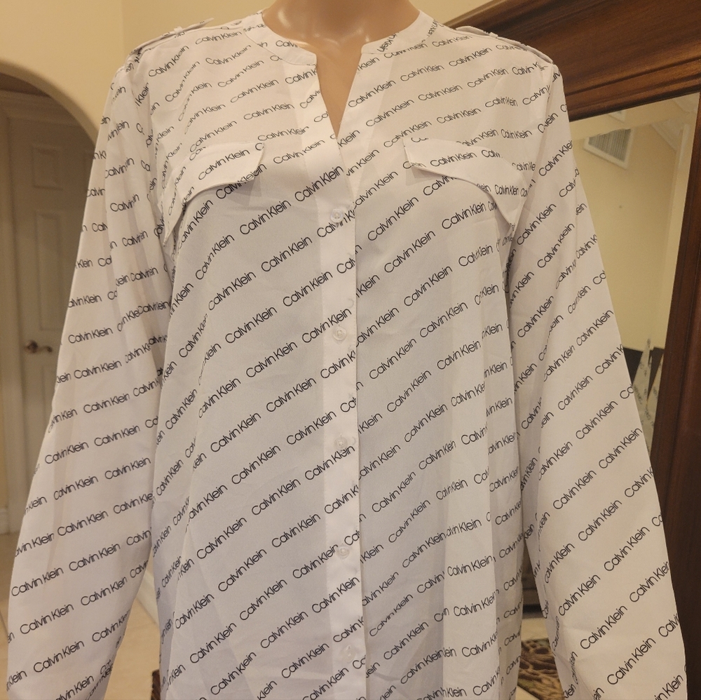 Calvin Klein Womens White Logo Button-down Large